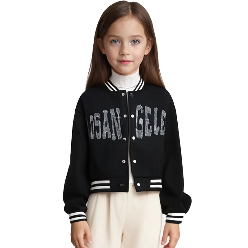 Custom Girls' Black & White Ribbed Long Sleeve Silver Rhinestone Jacket