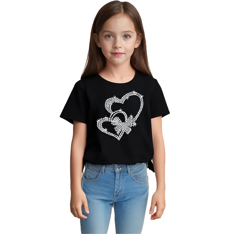 Custom Girls' Rhinestone Heart Print T-Shirt