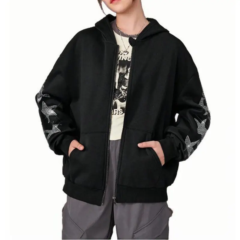 Costom Girls' Knitted Solid Star Rhinestones Hooded Sweatshirt
