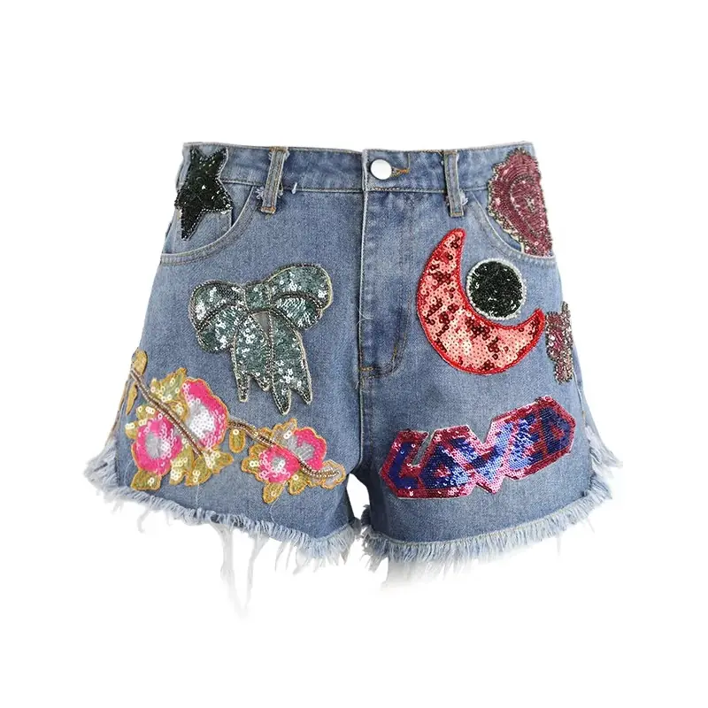 Custom Girls Sequined Tassel Denim Shorts
