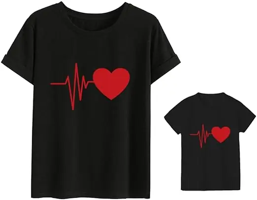 Casual_Heart_Printed_T_Shirts_Red_Cotton_Outfit_Moms_Kids_Family_Wear_Short_Sleeves_for_Mother_s_Day