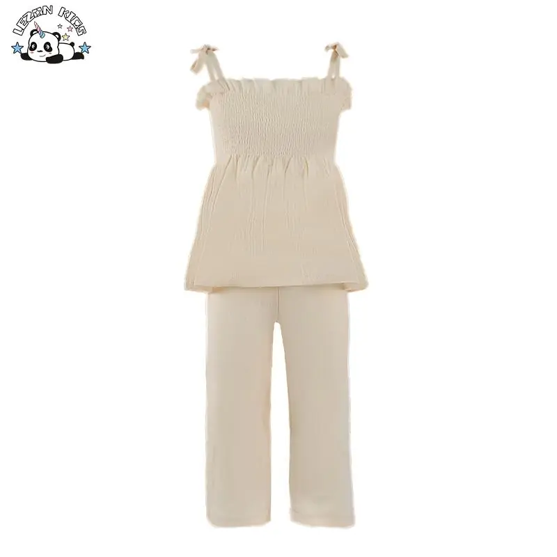 Factory Direct Price Pure Color Spaghetti Strap Soft tank Top and Pants Girls Clothing Sets Cute