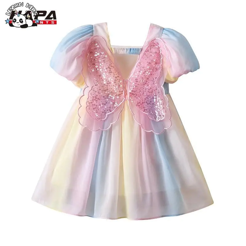 Customizable Hot Selling Chiffon Girls Dresses Children's butterfly Sequin Princess Dress for Party