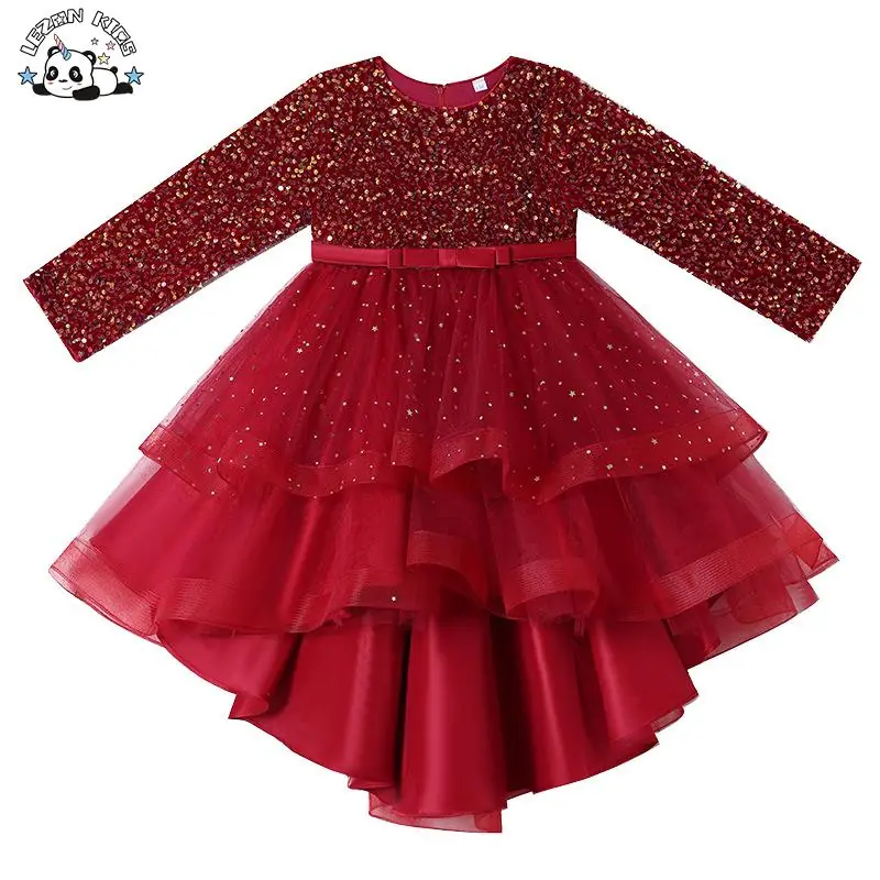 Custom Long Sleeved Trailing Sequins Mesh Poncho Girls Evening Dresses for Party Wear