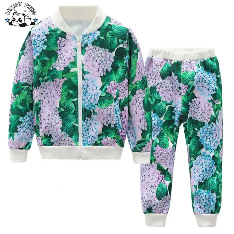 Kids Wholesale Sweat Suits Cute Fashion Design Custom Zipper up Bomber Pants Flowers Digital Printing Children's Clothing