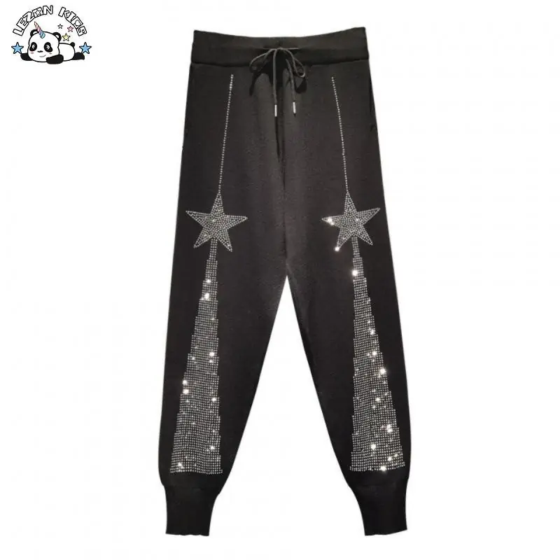 Customizable New Arrival Sparkle Diamond Beads Sequined Elastic Waist Casual Cargo Pants