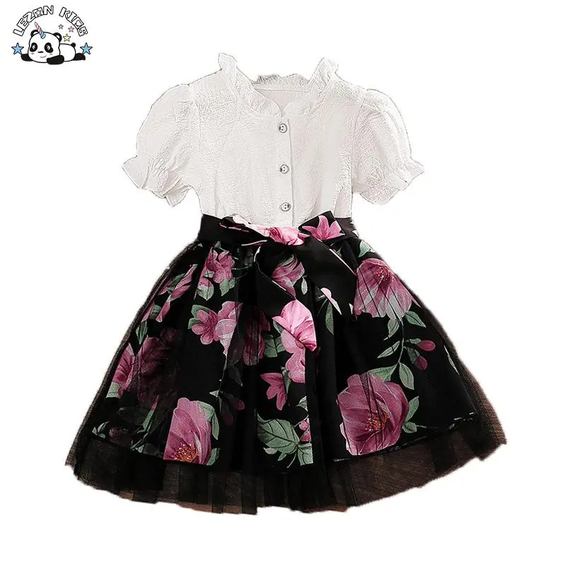 Kids Clothing Girls Cotton Polyester Ruffle Collar Sleeve Shirt Tulle Flower Print Skirt Girls Set Dresses for Kids Girls Custom
