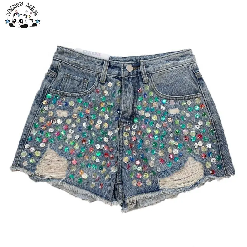 High Street Stylish Colorful Hand Sewn Crystal Rhinestone Girls Jeans Denim Shorts