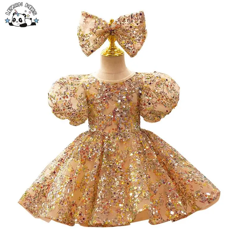 Shiny Children's Poncho Dress Little Girl Flower Child Wedding Bubble Sleeve Princess Dress Sequins Baby's 12 Month Dress