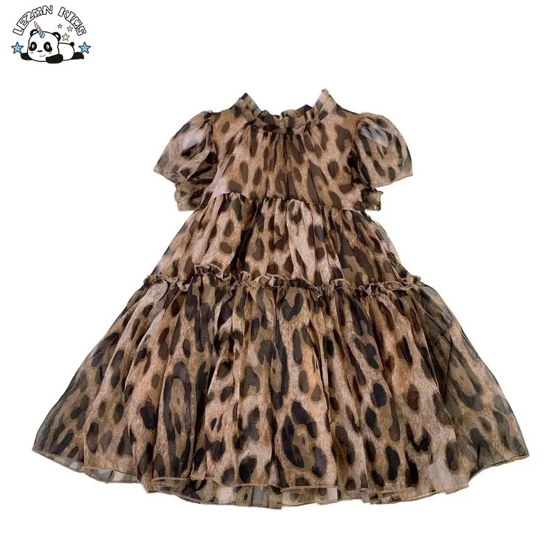 Custom Princess Puff Sleeve Brown Leopard Twirl Tutu 2-12 Years Long Cotton Short Sleeve Breathable Soft Girls Dress