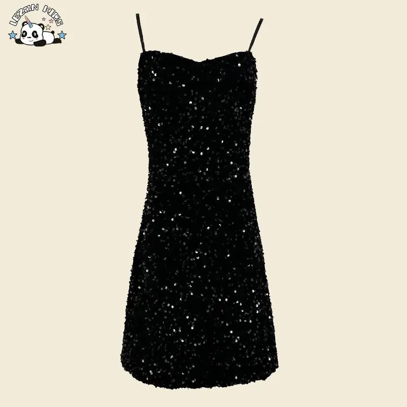 Custom Kids Girls Fashion Clothes Black Sequins Dress Girls Sling Dress