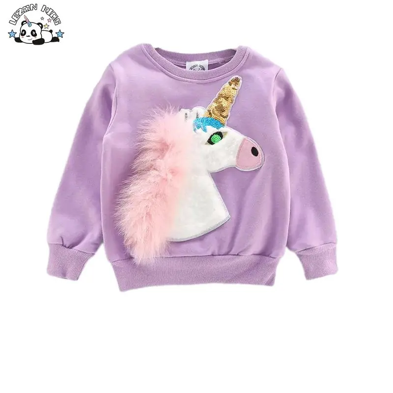 Wholesale 100% Cotton Pullover Sequin Fuzzy Unicorn Sweatshirt Girls Hoodies Sweatshirts
