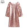 Rose Gold Sequin Bell Sleeves Dress Girls Kids Clothes Elegant Vintage Style Ball Gown Turtleneck Print Cute Formal Girls Dress