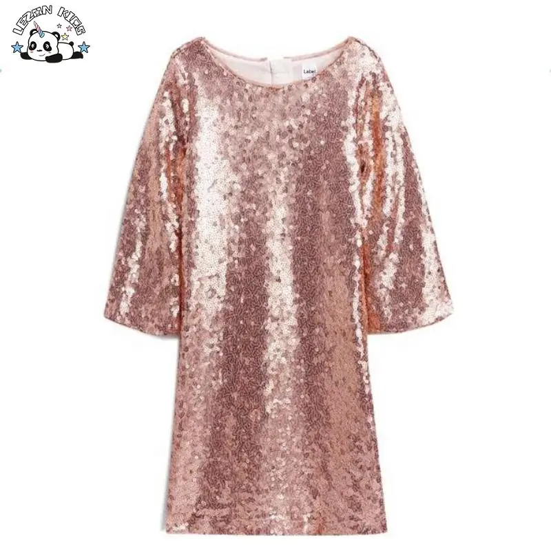 Rose Gold Sequin Bell Sleeves Dress Girls Kids Clothes Elegant Vintage Style Ball Gown Turtleneck Print Cute Formal Girls Dress
