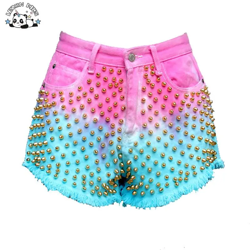Custom Women's Summer Shorts in Tie-Dye Cotton Denim Breathable Western Style Shorts with Logo Pattern and Stubbed Rivets