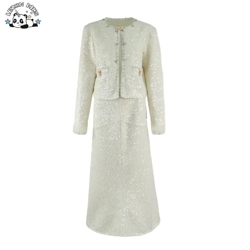 Custom Winter Party Dress Girls 2-14 Years New Trends White Sequined Long Sleeve for Kids Clothing Sets