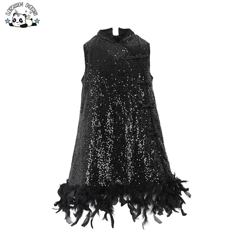 Designer Style Kids Sleeveless Dress Hem Feather Design Black Sequin Skirt  Party Girls Dresses
