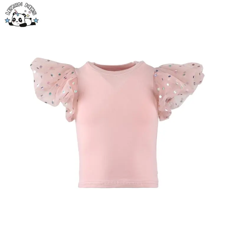 Customized Summer Tulle Elastic Short Puff Sleeve T-shirt for Kids Girls Rainbow Foil Print on Fabric Age 12 Years