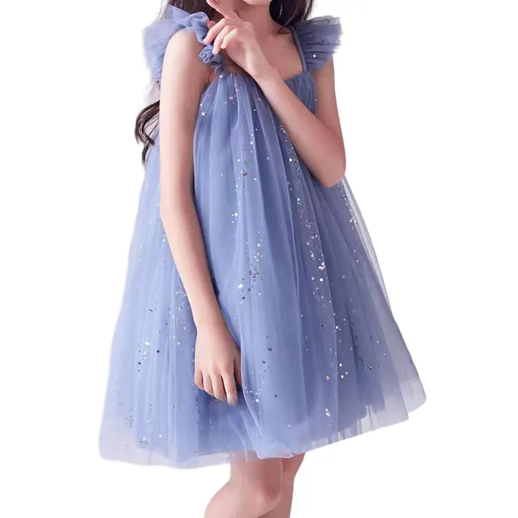 Customizable_Sweet_Flying_Sleeve_Pure_Color_Sequin_Frocks_Design_Dresses_for_Kids_Girls