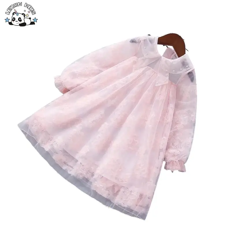 Girl's Sweet Pearls Tulle Dresses Princess Skirt Children's Dress with Flowers