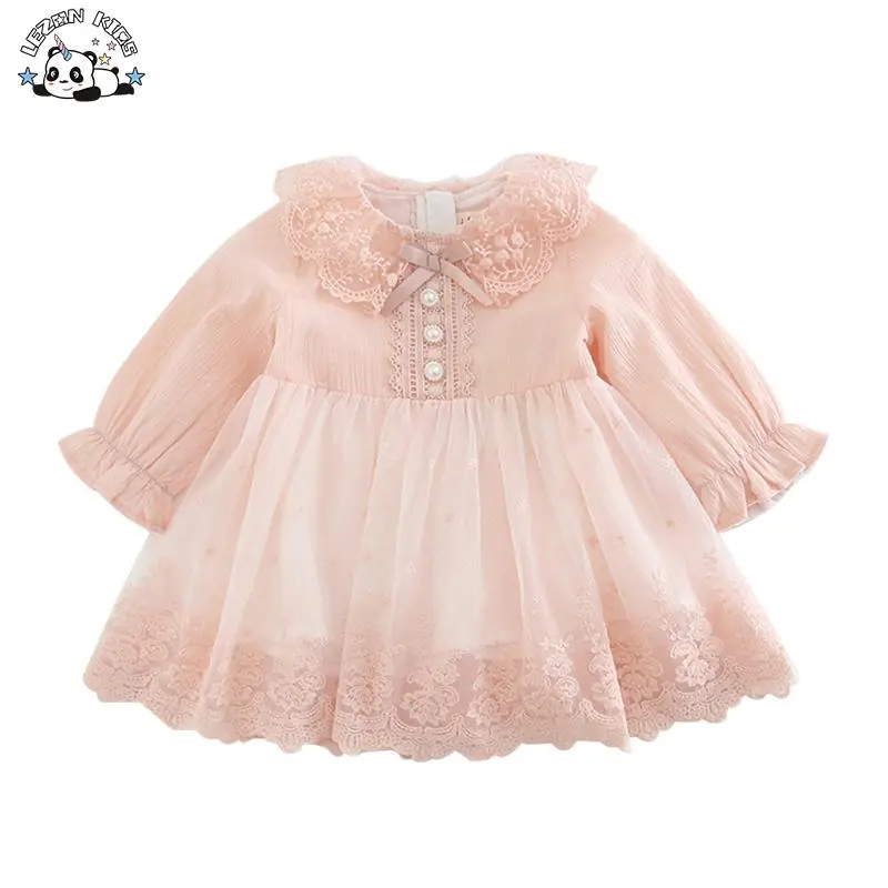 Customized Long Sleeve Casual Cute Pink Baby Girl Tulle Winter Kids Dresses for Girls