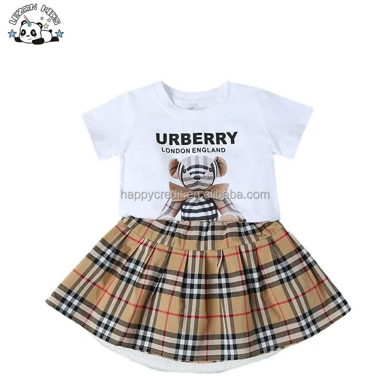 Summer Fashion Scottish Style with Bear Pattern Printed Sister and Brother Girls Boutique Clothes Sets