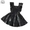 New Girls' Fashionable Black PU Leather Ruffle A-line Skirt Children's Pleated Vest Children's Skirt