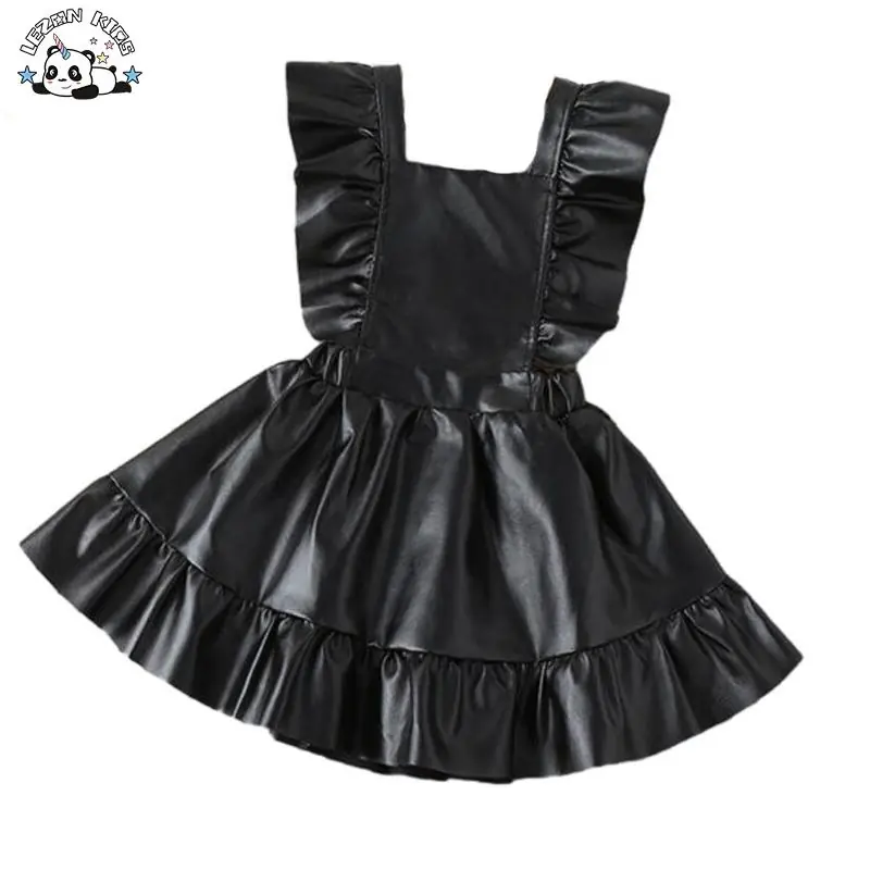New Girls' Fashionable Black PU Leather Ruffle A-line Skirt Children's Pleated Vest Children's Skirt