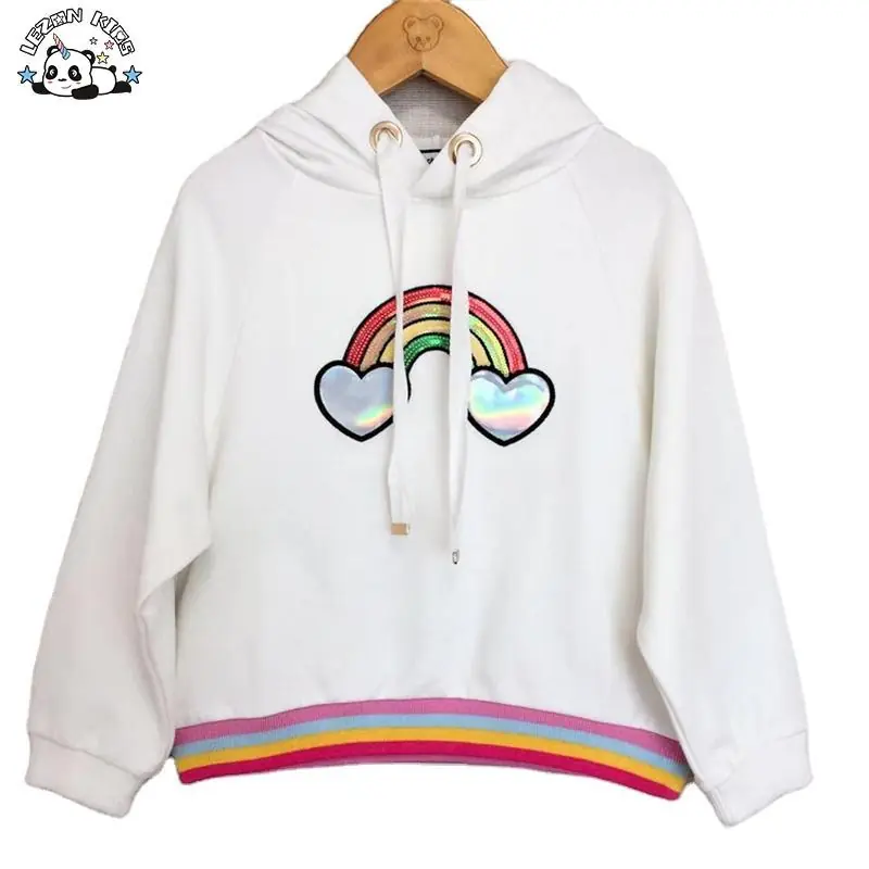 Customizable Girls Sequin Embroidered Rainbow Pullover Fleece White Hoodie with Rainbow Ribs