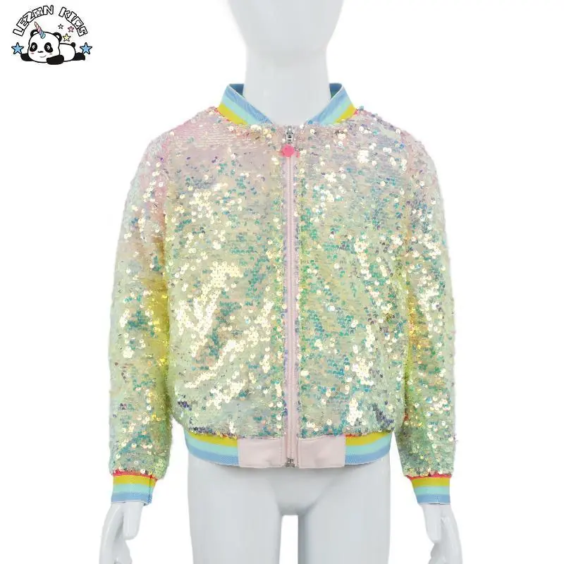 2025 Stylish Sequin Long Sleeve Zip up Baseball Collar Sequin Bomber Girls Jacket
