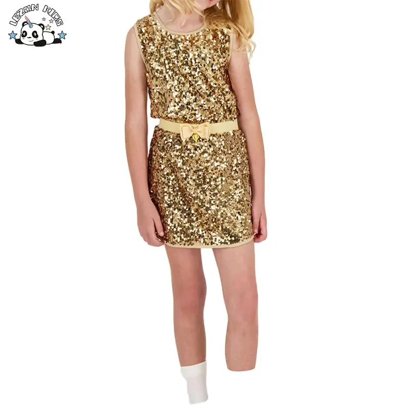 Customized Sparkling Children Clothes Gold Color Vest with Skirt  Sequin Girls Clothing Sets for 2-12T