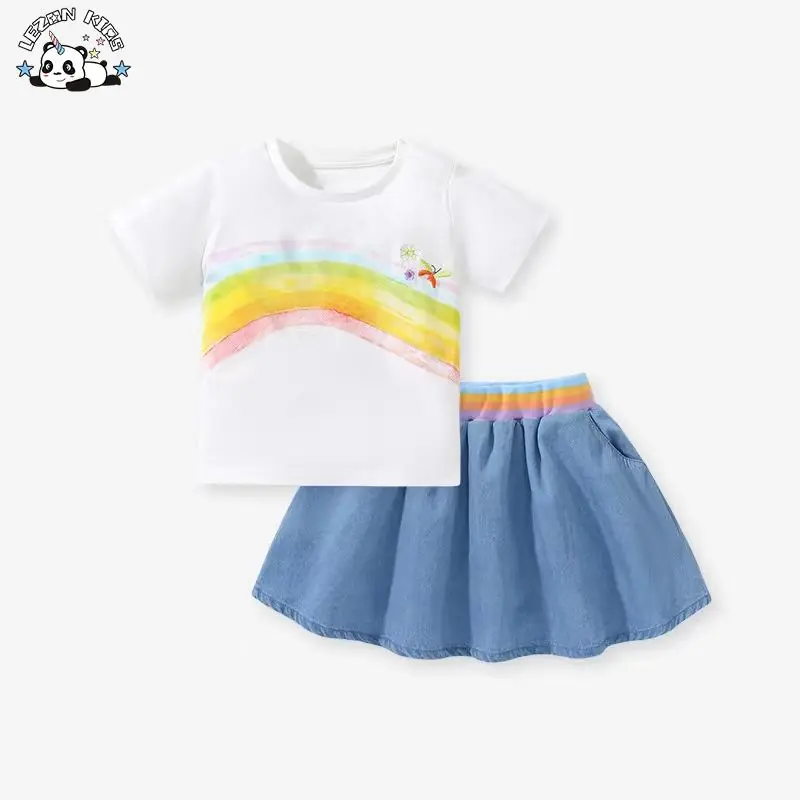 Wholesale Customization Cute rainbow Flower Printing  Girls Clothing Sets for Summer