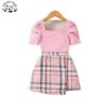 New Plaid Two Piece Set Short Sleeve Cotton Custom Boutique Little Girls Summer Children's Clothing Sets
