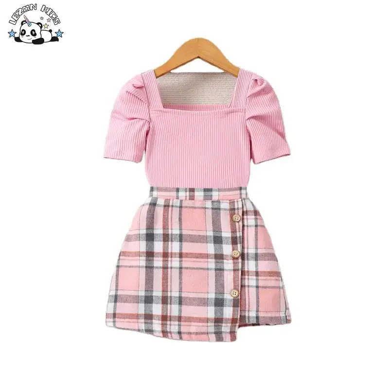 New Plaid Two Piece Set Short Sleeve Cotton Custom Boutique Little Girls Summer Children's Clothing Sets