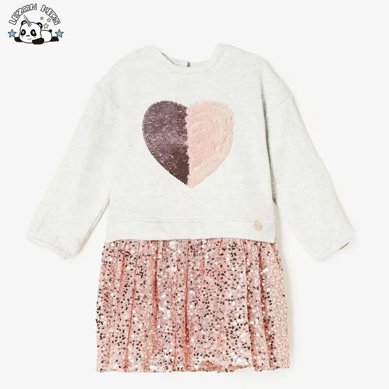 OEM Customizable American Style Smocked  Dress Children Sequin Mesh Long Sleeve Dress for Girls