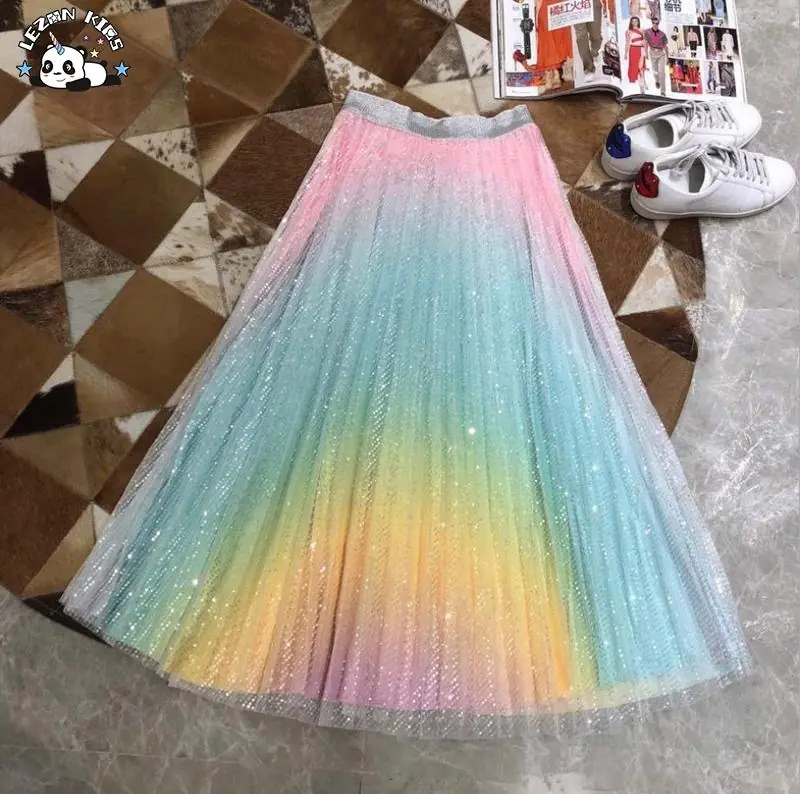 Customizable Girls Satin Rainbow Maxi Pleated Sequin Skirt Kids Fashion Accessory