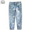 Customizable Printed Cute Daisies Flowers Light Blue Washed Cotton Denim Girls Jeans Pant