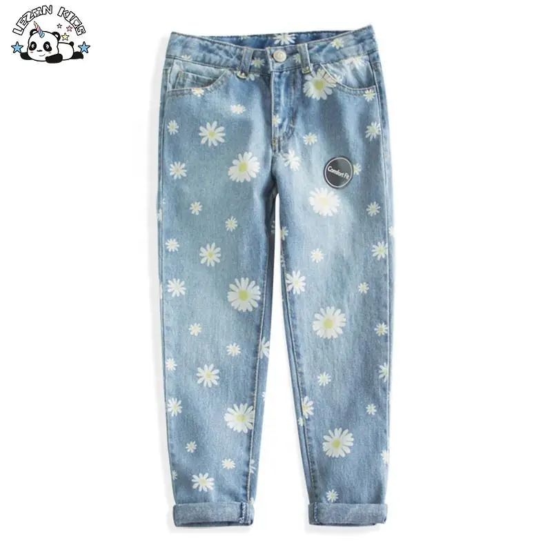 Customizable Printed Cute Daisies Flowers Light Blue Washed Cotton Denim Girls Jeans Pant