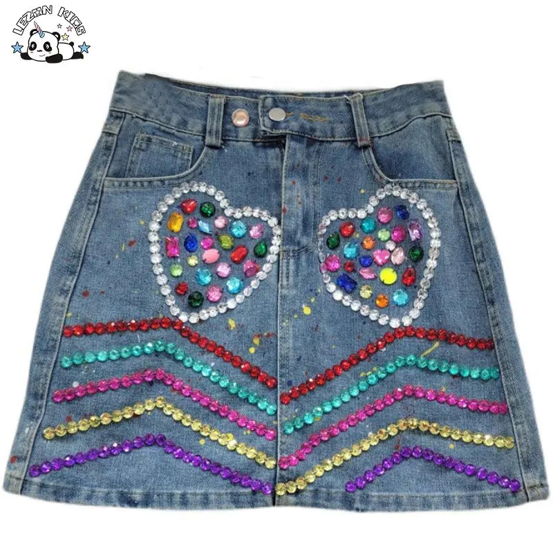 Custom Design Fashion Hand Make Gems Denim Skirt Kid's Stones Skirt Casual A-Line Denim 2-14 Years Denim Skirt