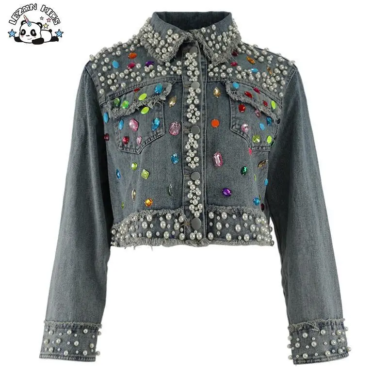 America Street Wear Trendy Custom Beading Embellished Denim Jacket Big Kids Girls Jeans Jacket