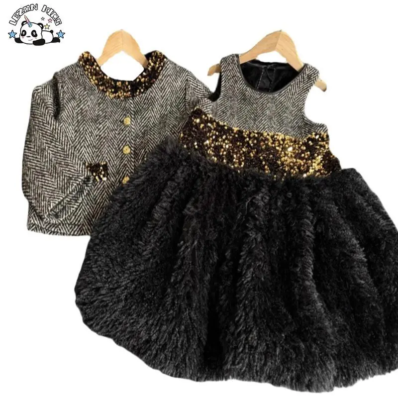 Customizable Velour Children Sleeveless Winter Dresses Set Winter Jacket Girl Clothing Set
