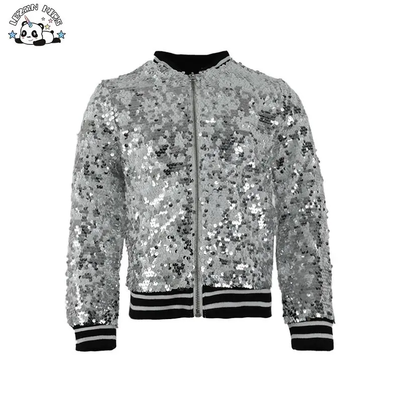 Custom Gradient Zipper Coat Fashion Sequins Girl's Baseball Bomber Girls Sequin Jacket