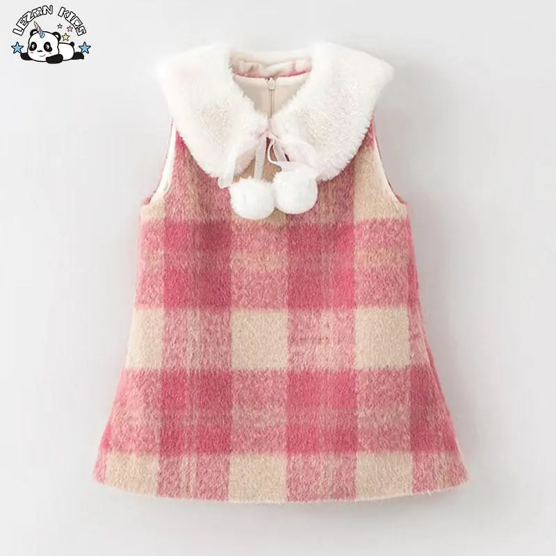 Customizable New Fashion Girls Winter Dress Set Pink Plaid 2PCS Baby Girl Clothing Sets Dress for Kids
