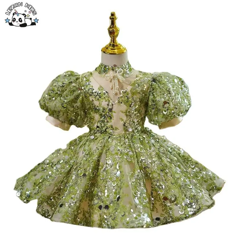 Customizable Factory Price Luxury Birthday Princess Dress Lovely Flower Girl Dress Green Sequin Tutu Dress