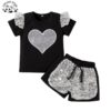 Professional Factory Shortsleeve Cotton Fabric Silver Color Hart Sequined Summer Girls Sets