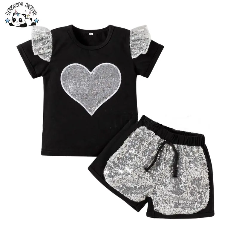 Professional Factory Shortsleeve Cotton Fabric Silver Color Hart Sequined Summer Girls Sets