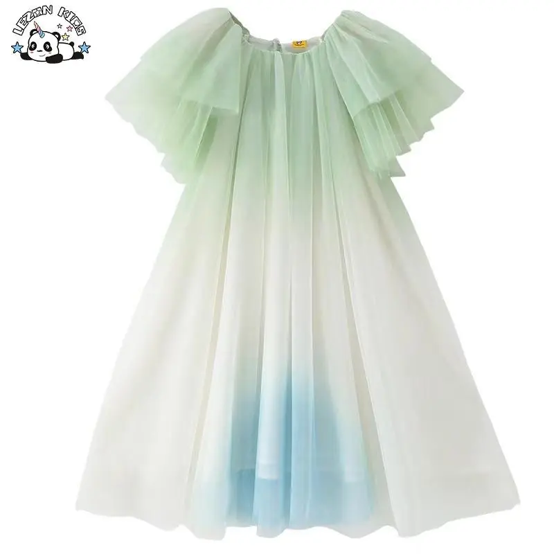 Customizable Girls' Short Sleeve Tulle Dress Gentle Ruffle Puffy Layer Fashionable Print Lace Dress