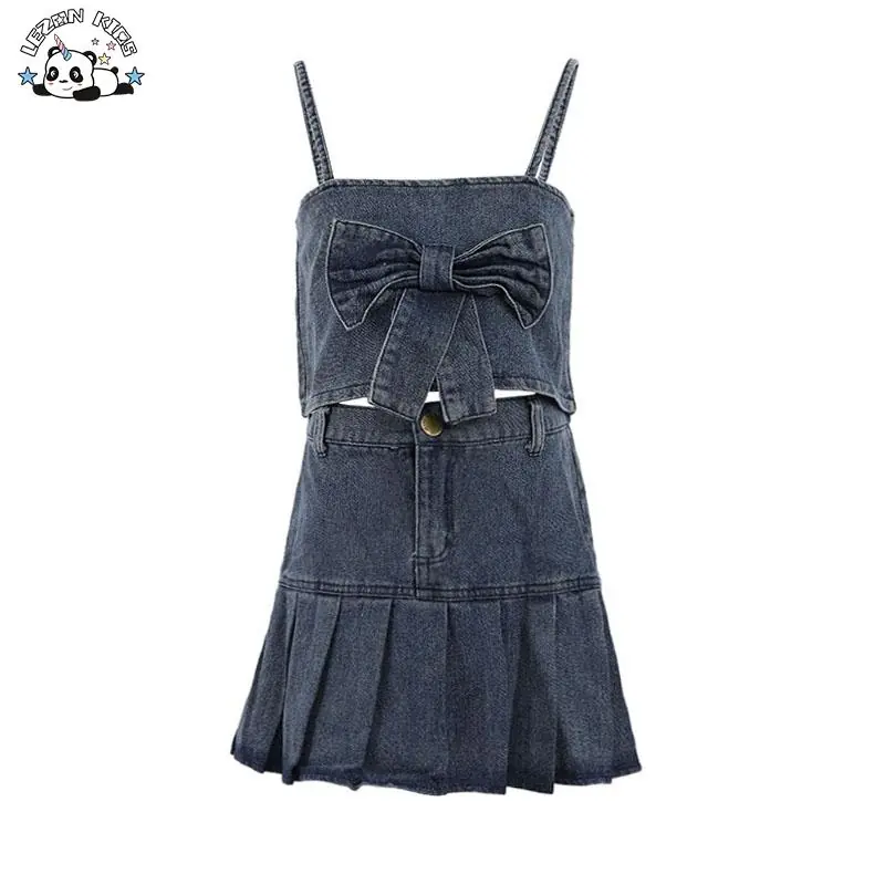 Wholesale High Quality Luxury Denim 2pc Bow tank Top and Skirt Girls Clothing Sets for 11 Years Old