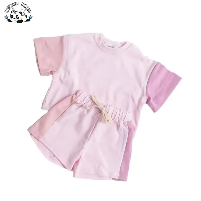 New Style Girls 2-Piece Set Short Sleeve T-Shirt and Shorts Color Block Child Jogger Set