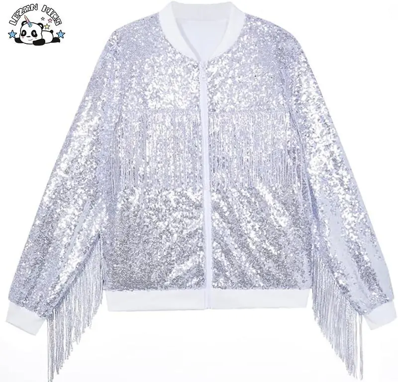Customizable Girls Silver Sequin Bomber Jacket Tassel Soft Lining Design Cotton Collar Kids Fashion Outerwear